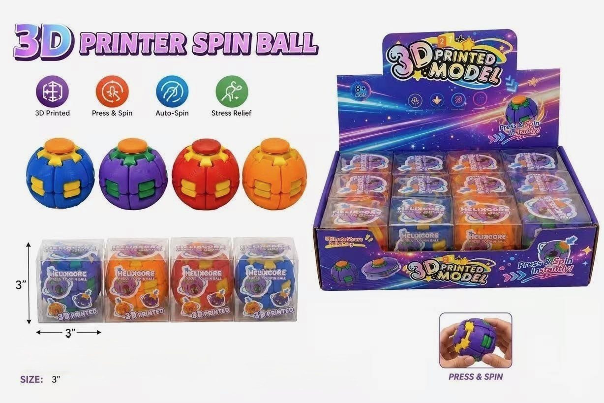 T4-86 3D Printed Spin Ball 3"X3" in Clear Cube Box (12/Dl)