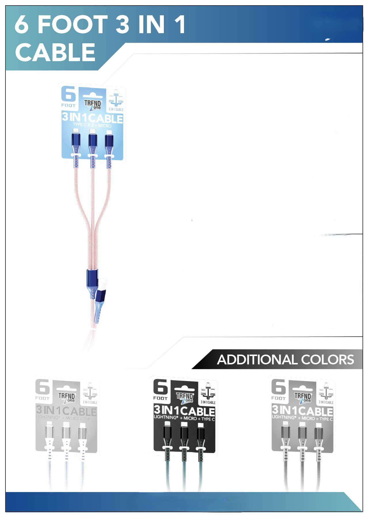 G3-19 6FT Hanging Braided 3 in 1 Cable - iphone + Micro + USB-C