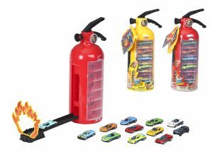 T1-224  11 piece die cast car set packed inside a red or yellow fire extinguisher case